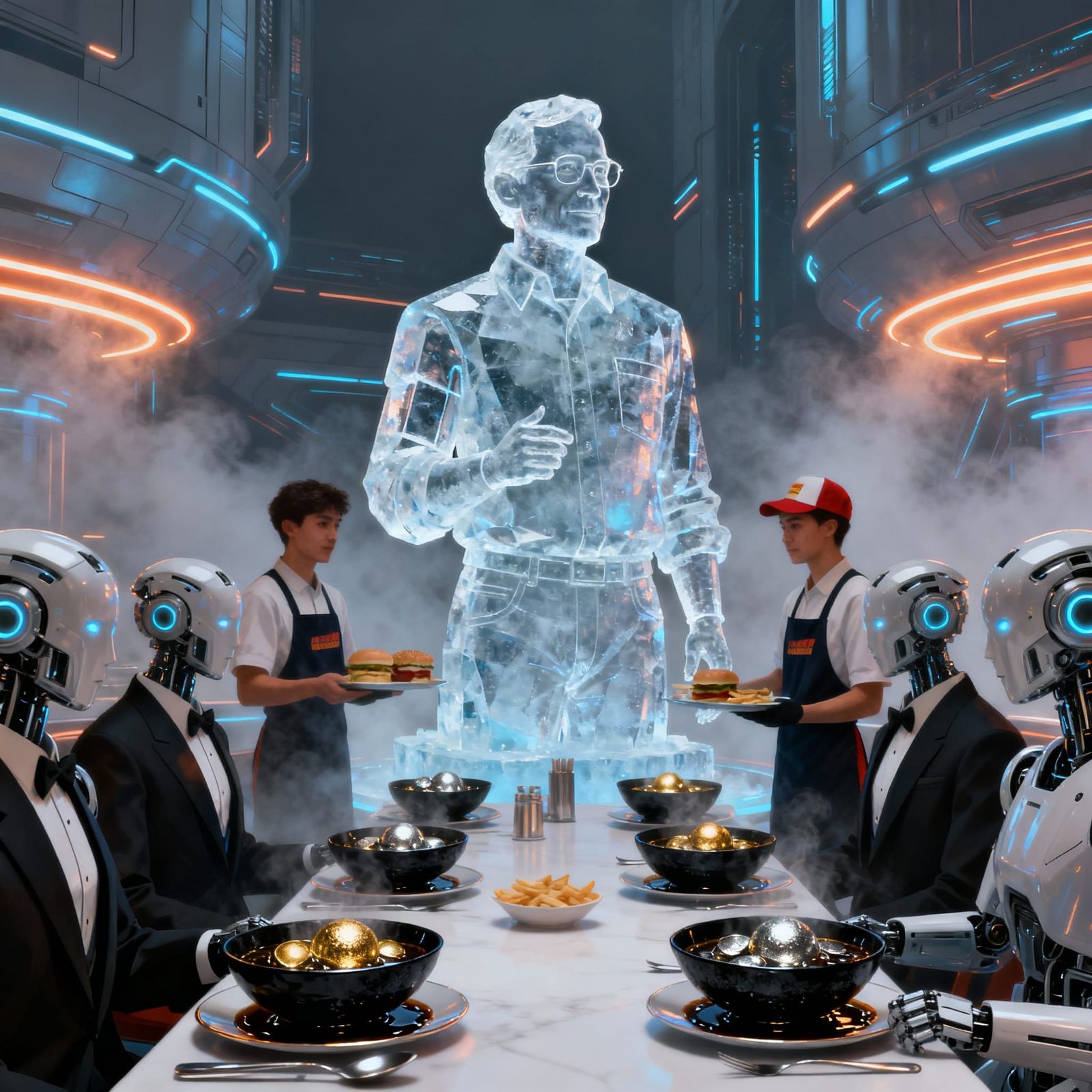Robots at Futuristic Luncheon with Edible Gold