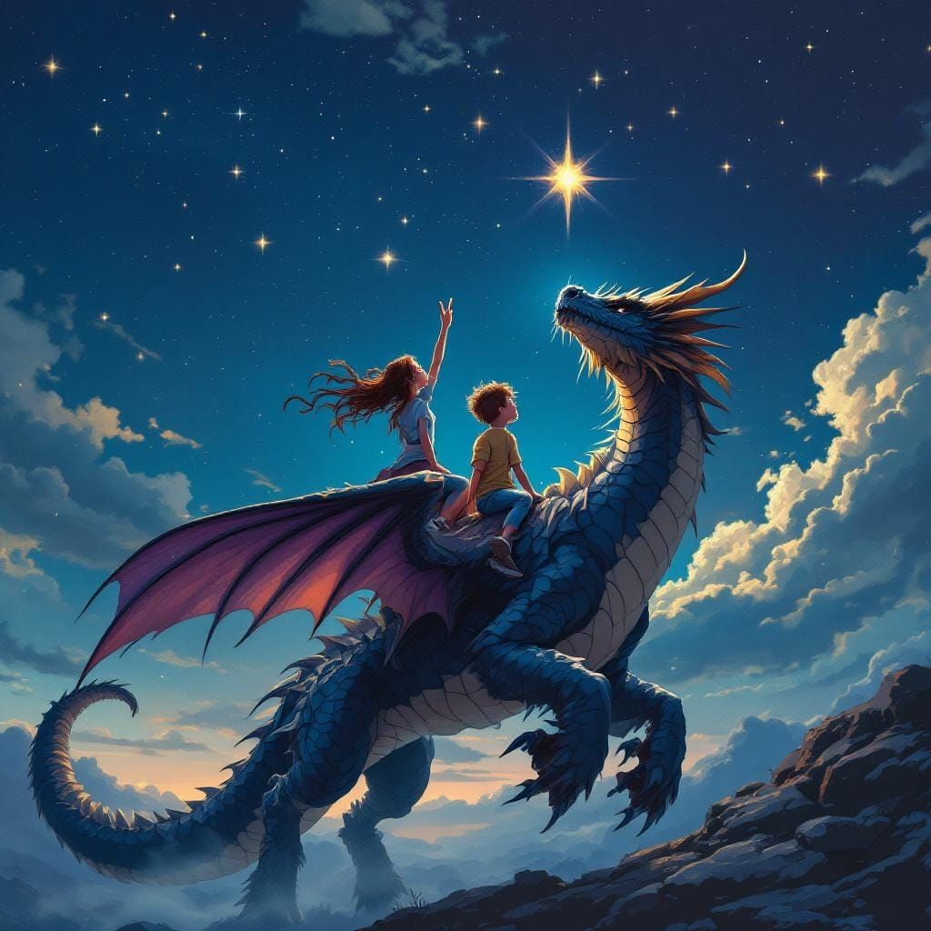 Children Ride Dream Dragon Under Starry Sky