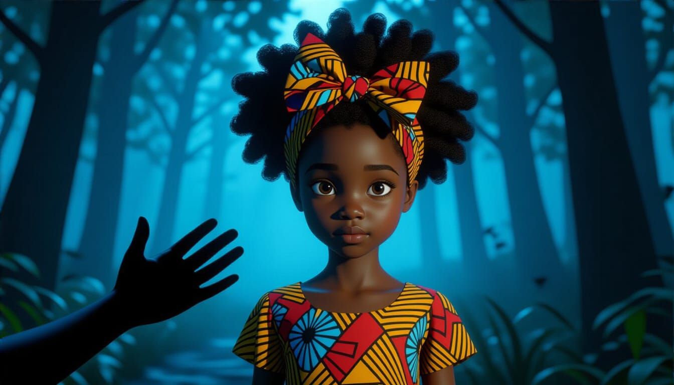 African Girl in Forest with Shadowy Hand, Animated Style