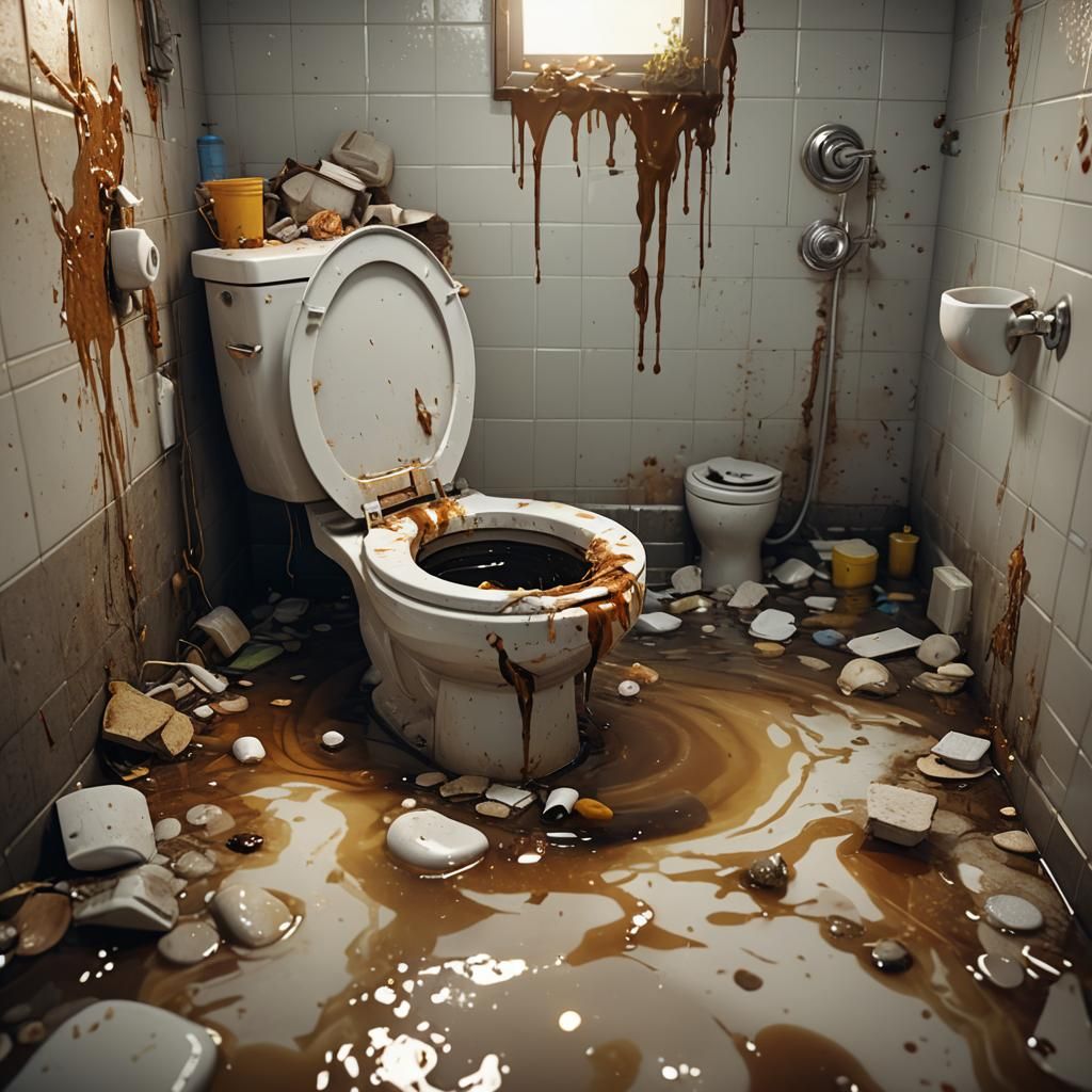 Gross Overflowing Toilet in Flooded Bathroom, 3D Render
