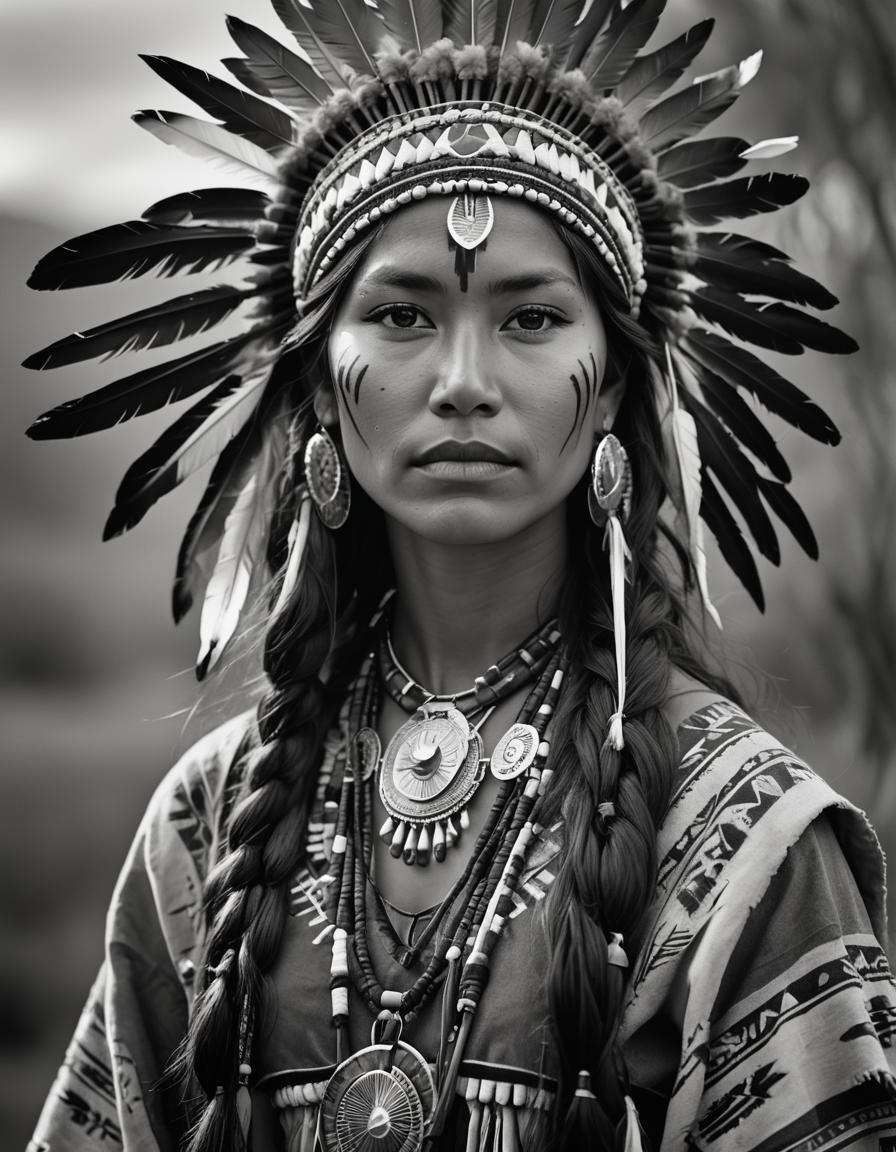 Native American Woman Portrait in Black and White