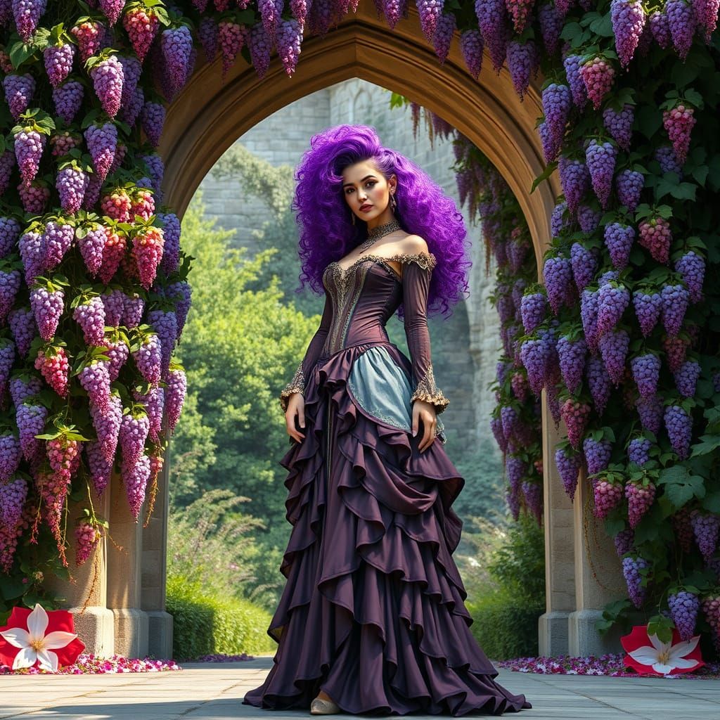 Woman with Purple Hair Under Floral Archway