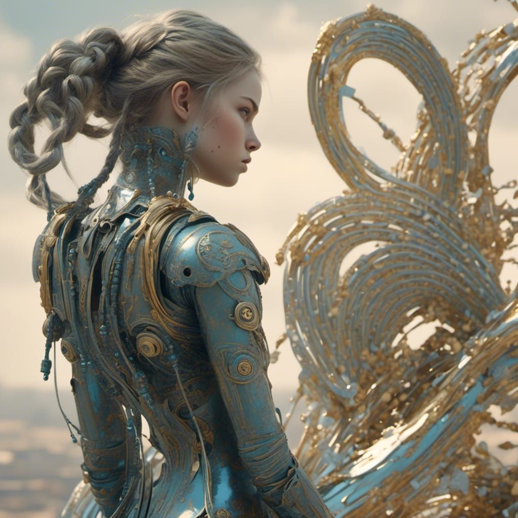 Bronze Cyborg Woman with Pigtails: Cyberpunk Art