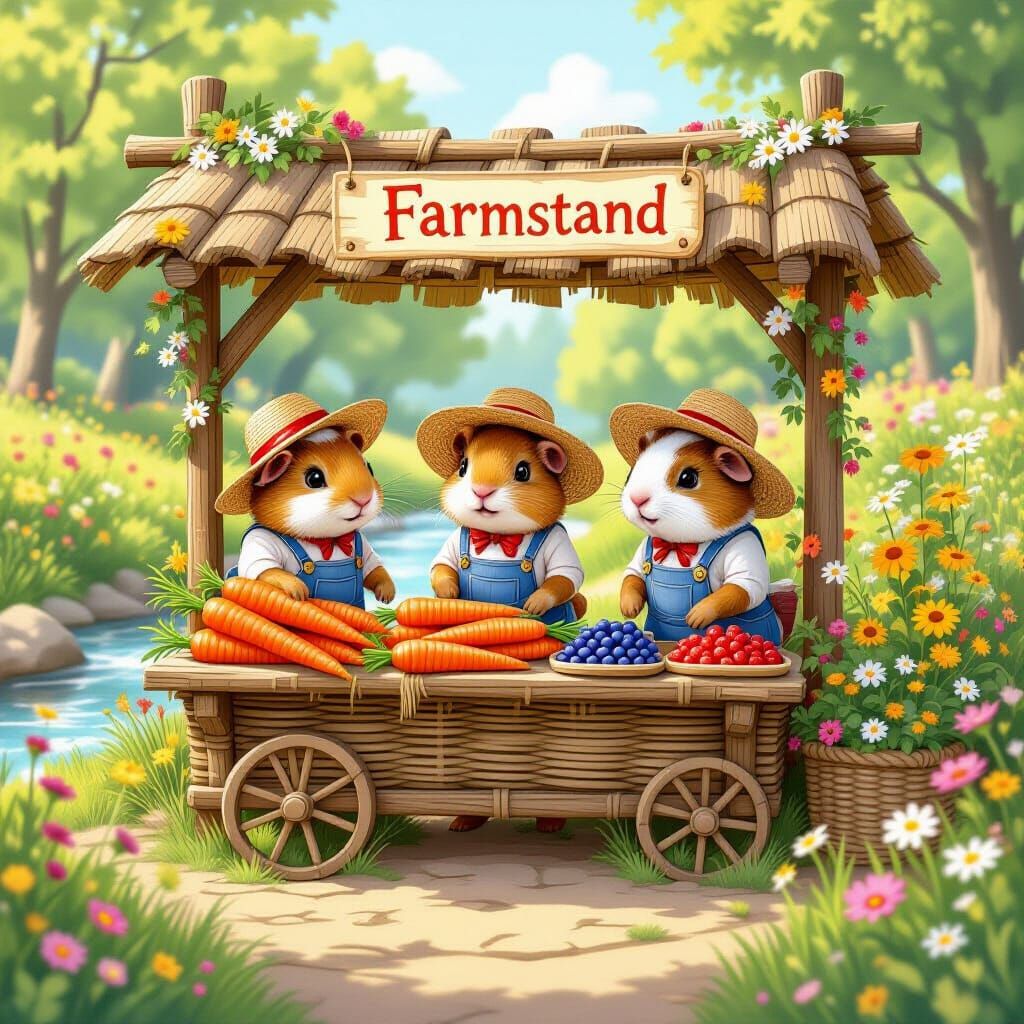Whimsical Guinea Pig Farmstand Storybook Illustration