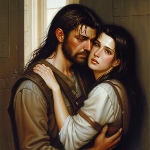 Girls Laughing in an Embrace: Oil Painting