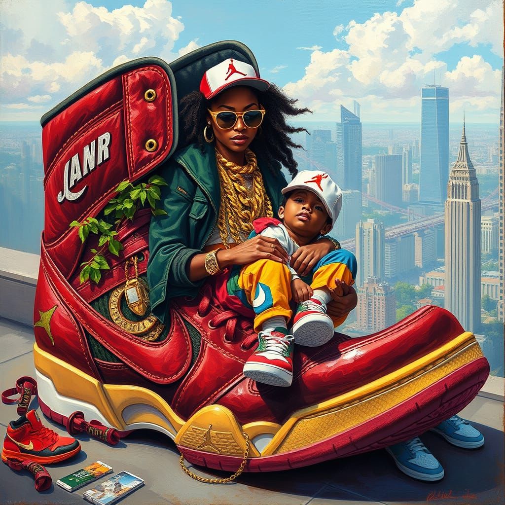 Hip Hop Mother and Kids in Vibrant Air Jordan Shoe