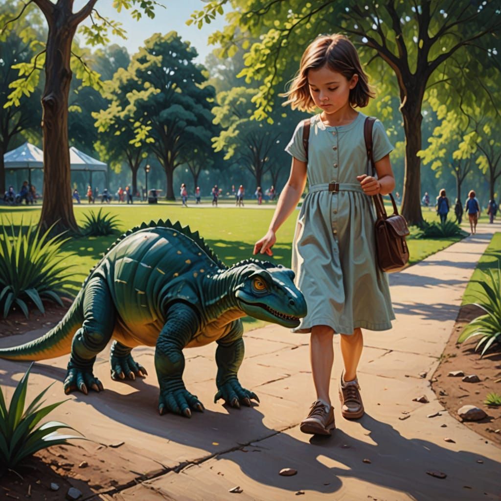 Girl Walks Her Lovable Dinosaur Pet in a Neorealist Painting