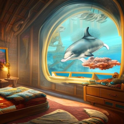 Steampunk Bedroom Overlooking Undersea Dolphins, Digital Art