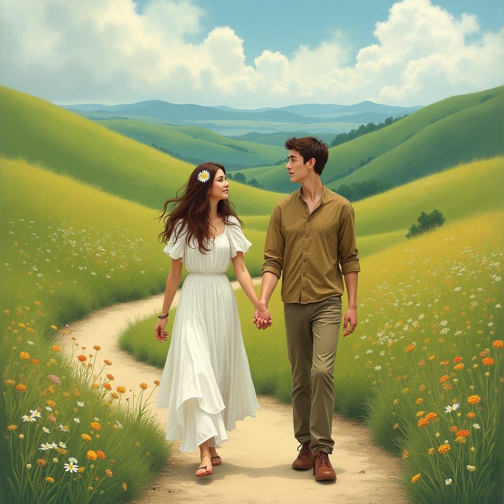 Couple's Farewell in Lush Gouache Landscape