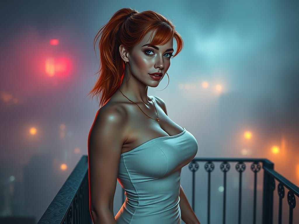 Redhead on Balcony in Hyperrealistic Style