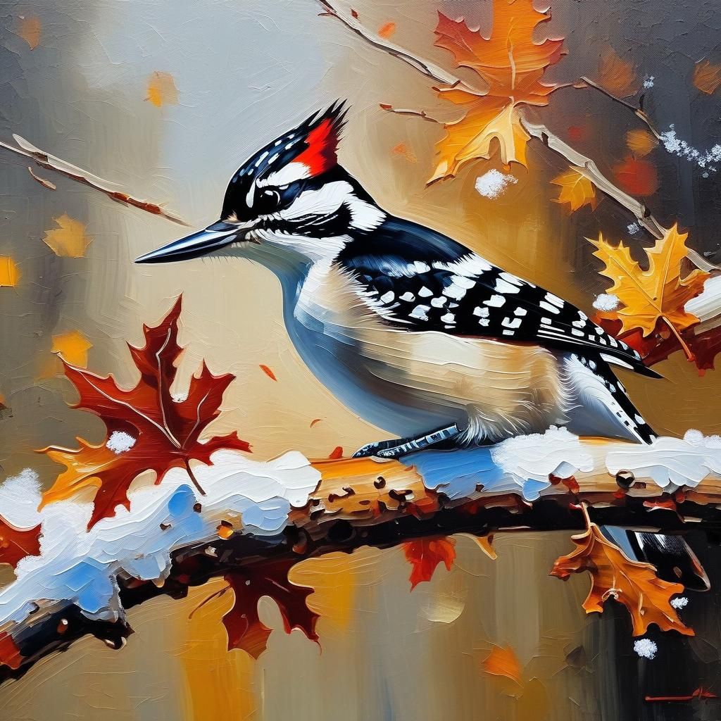 Woodpecker in First Snow, Watercolor Painting
