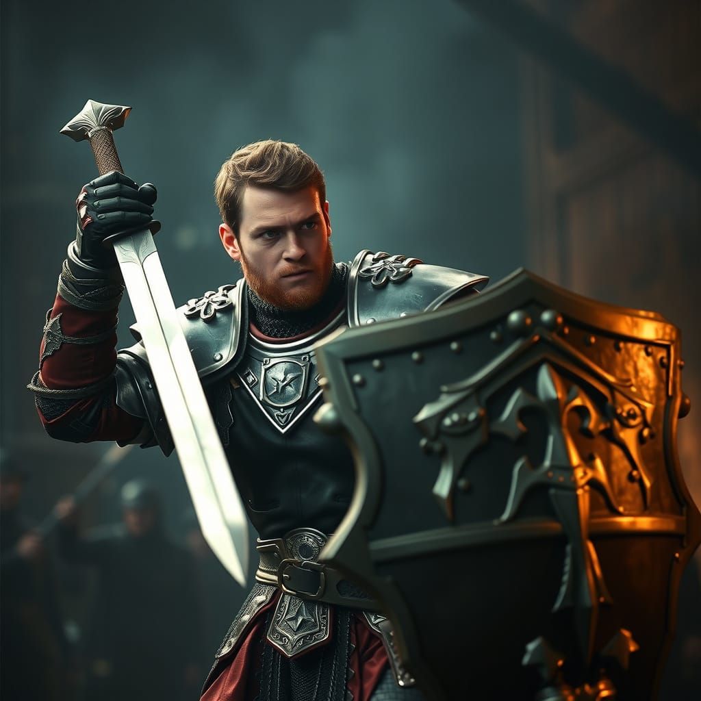Heroic Paladin Wielding Sword and Shield: Cinematic Film Sti...