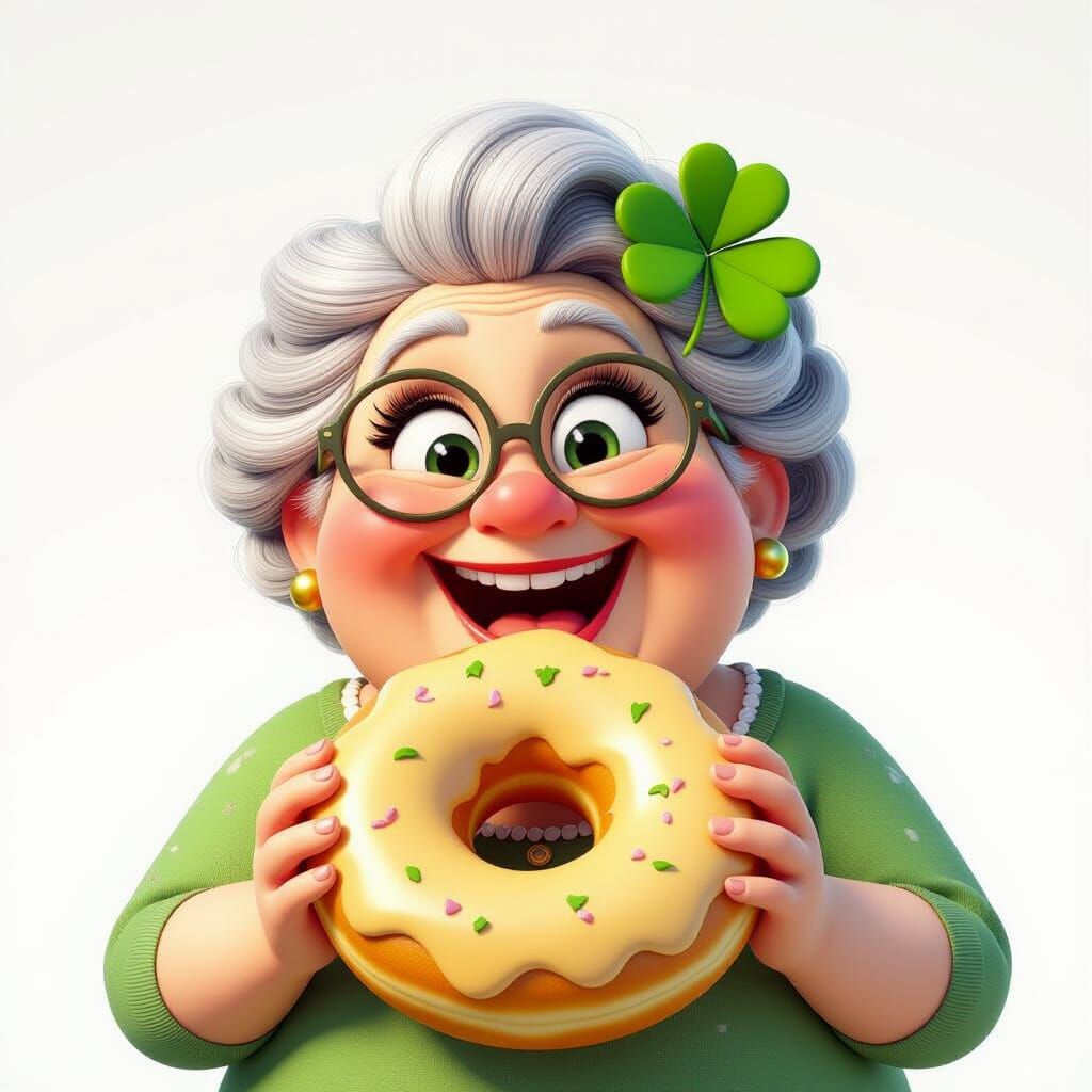 Chubby Grandma With Laughing Donut in Pixar Style