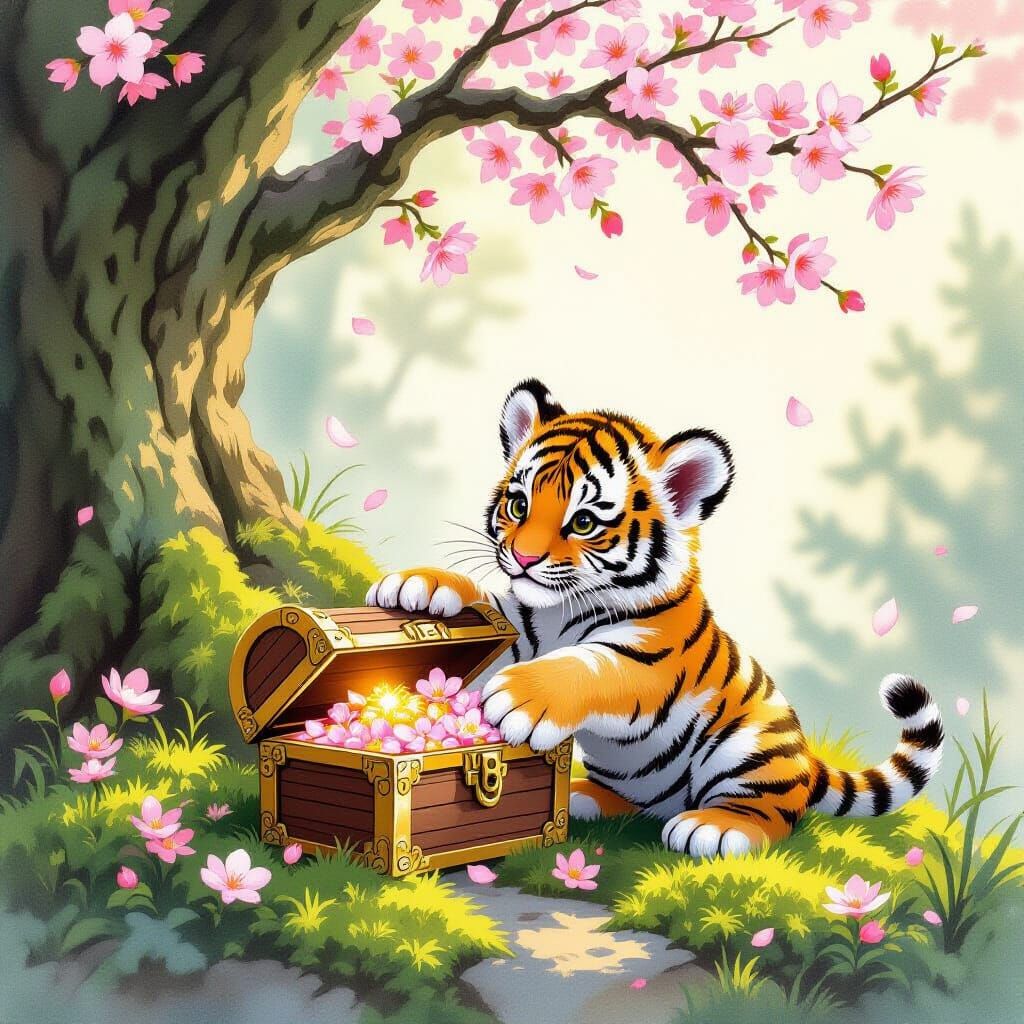Tiger Cub Plays with Blossoming Treasure Chest