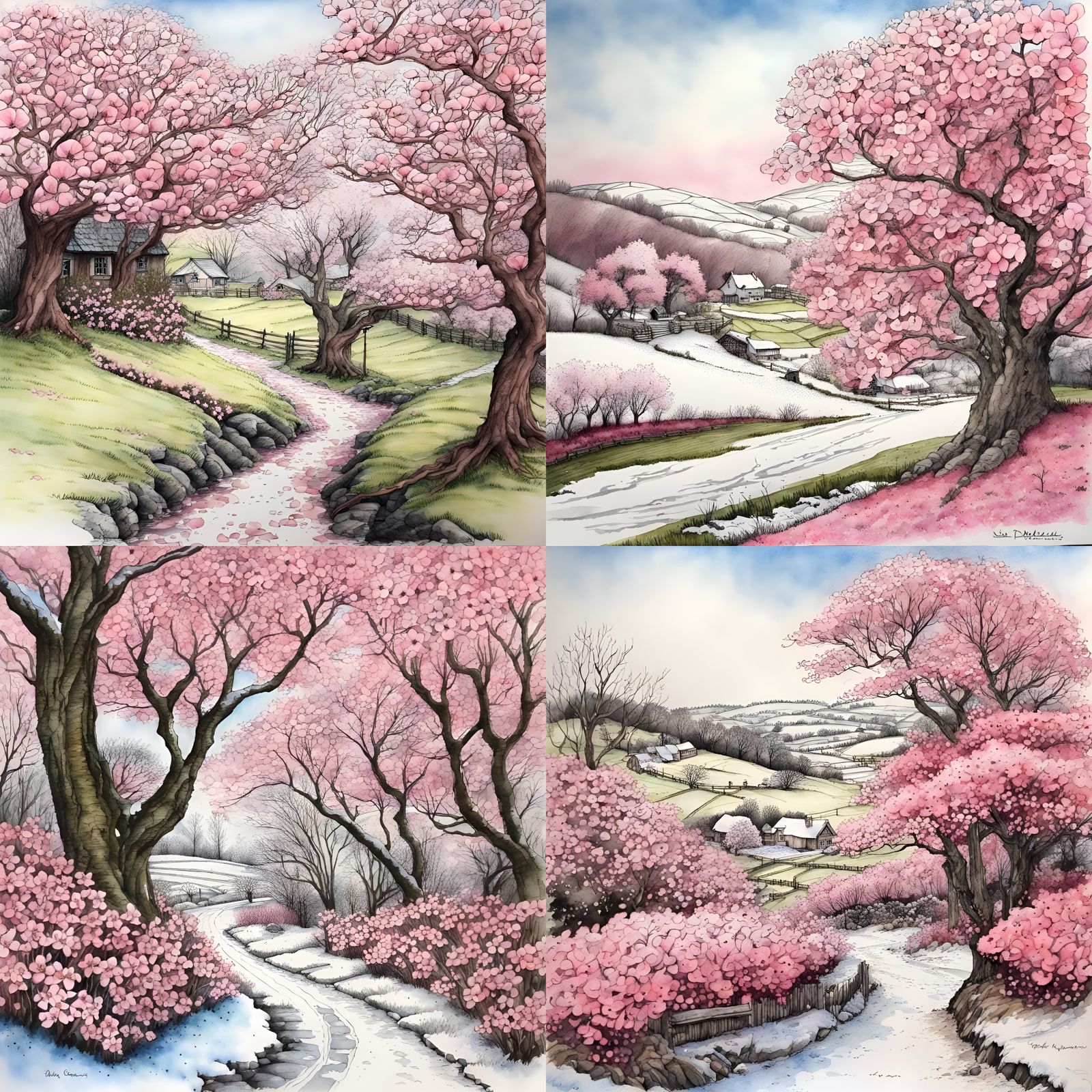 Fantasy English countryside! snow, pink dogwoods, Hyperrealistic, pen and ink, watercolor