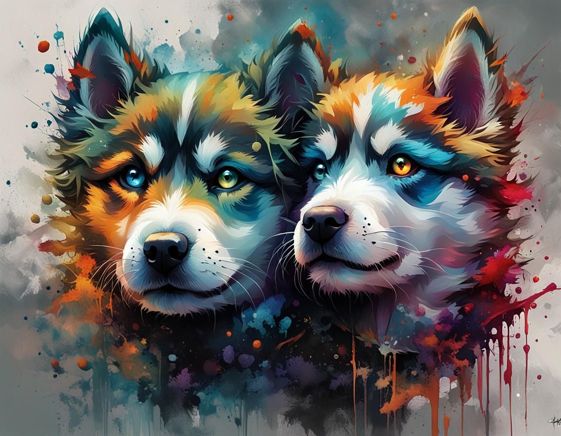 Chibi Wraith Husky Puppies in Detailed Digital Art
