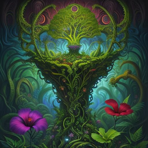 Hibiscus and Fern in Biomechanical Forest, Surreal Art