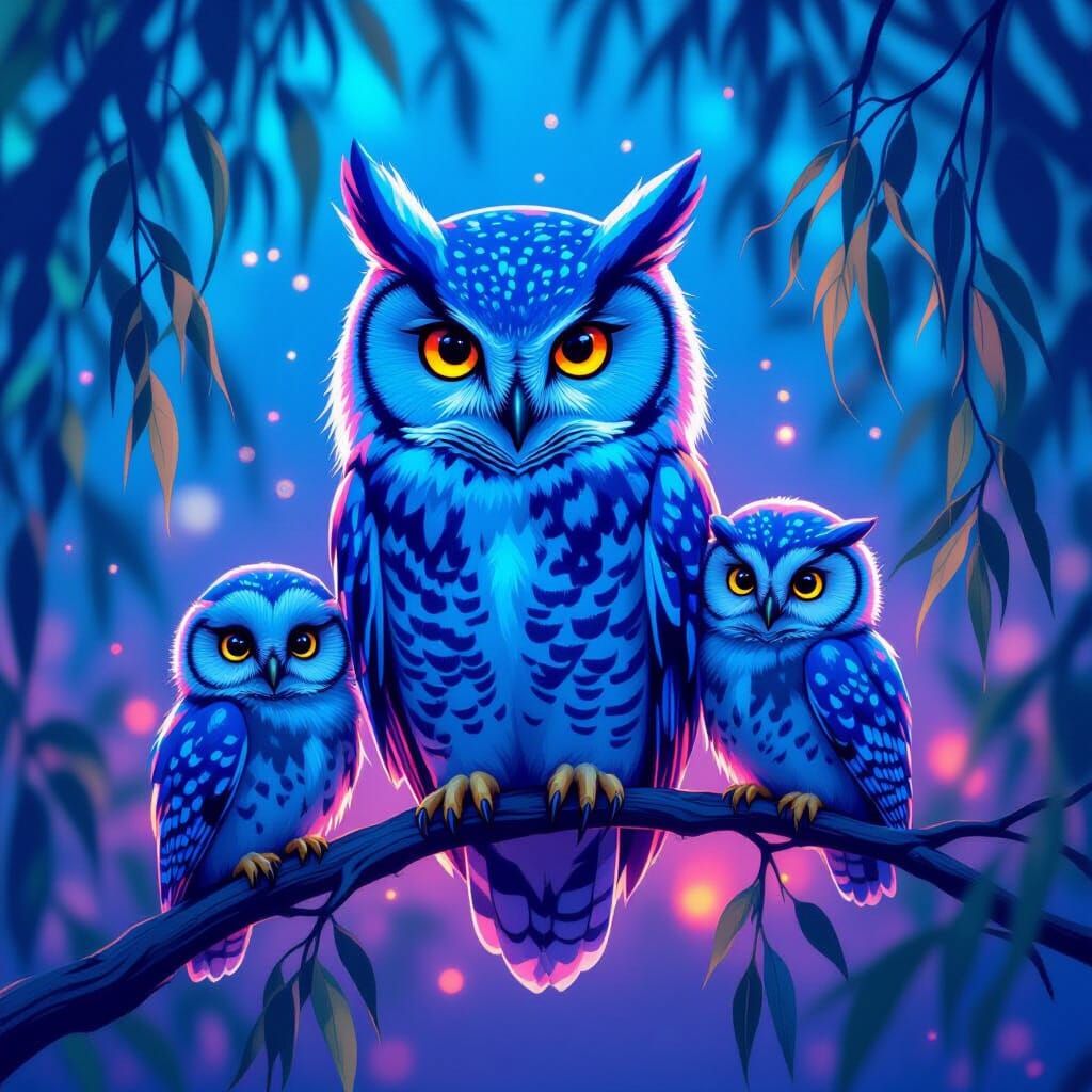 Neon Blue Owl Family in Synthwave Style