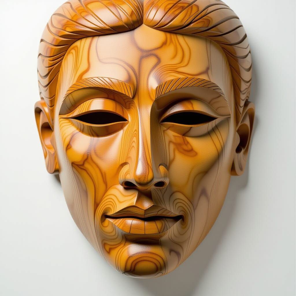 Detailed Roman Mask Carved from Olive Wood