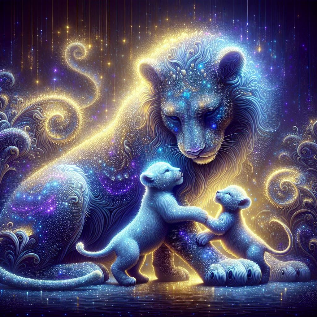 Sparkling Lioness: A Mother's Tender Embrace in Art Nouveau