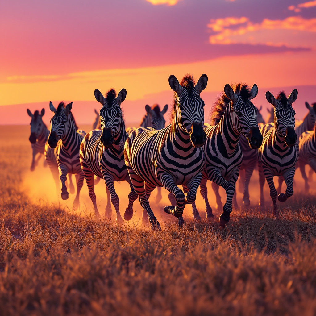 Zebras Galloping Across African Plains in Dark Fantasy Style