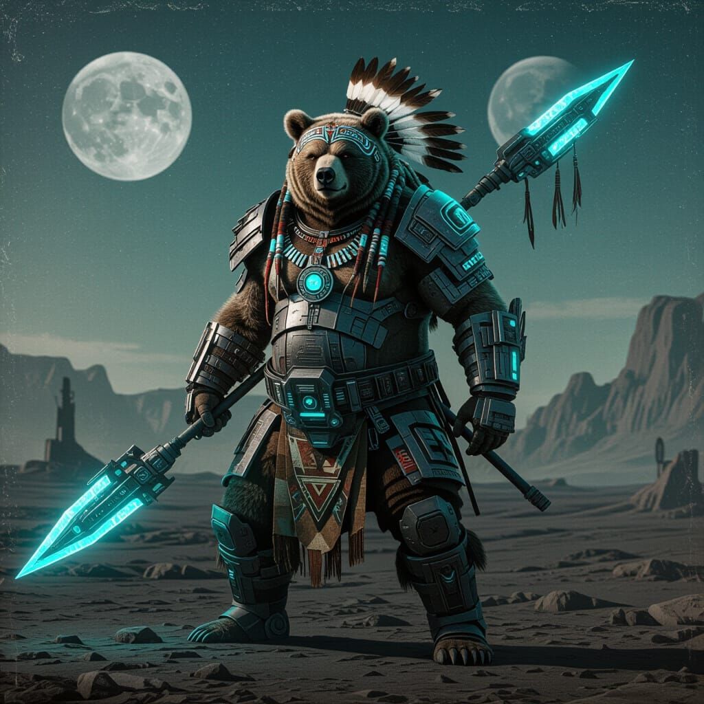 Tribal Cybernetic Bear Warrior with Plasma Spear
