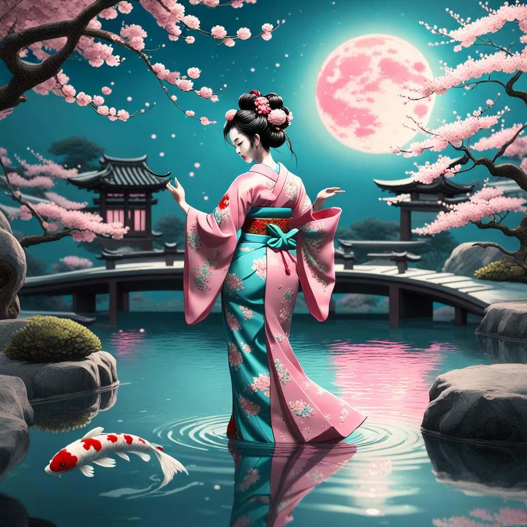 Geisha Dancing Under Moonlit Cherry Trees: Matte Painting