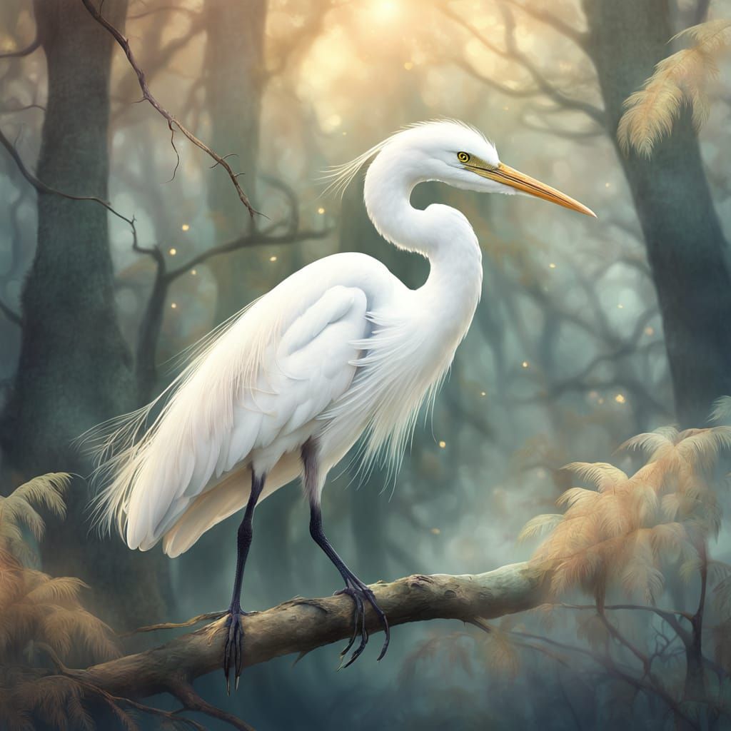 Egret in Misty Forest: Dreamy Watercolor Digital Art