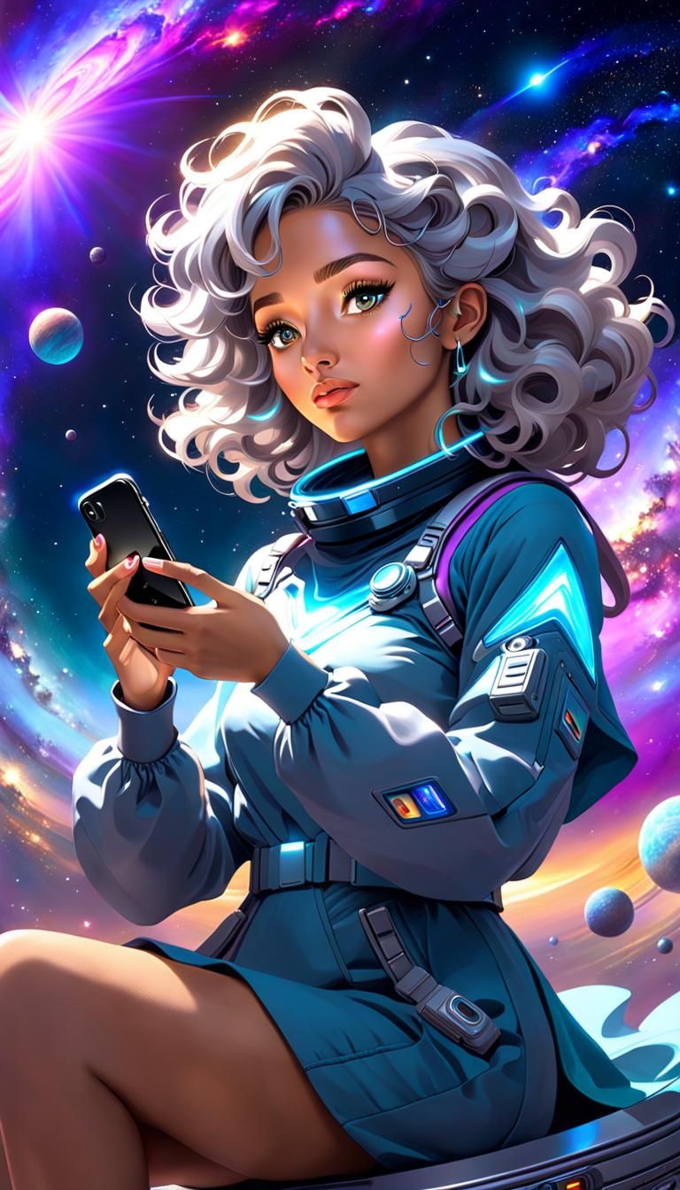 Woman in Space with iPhone, Digital Matte Painting