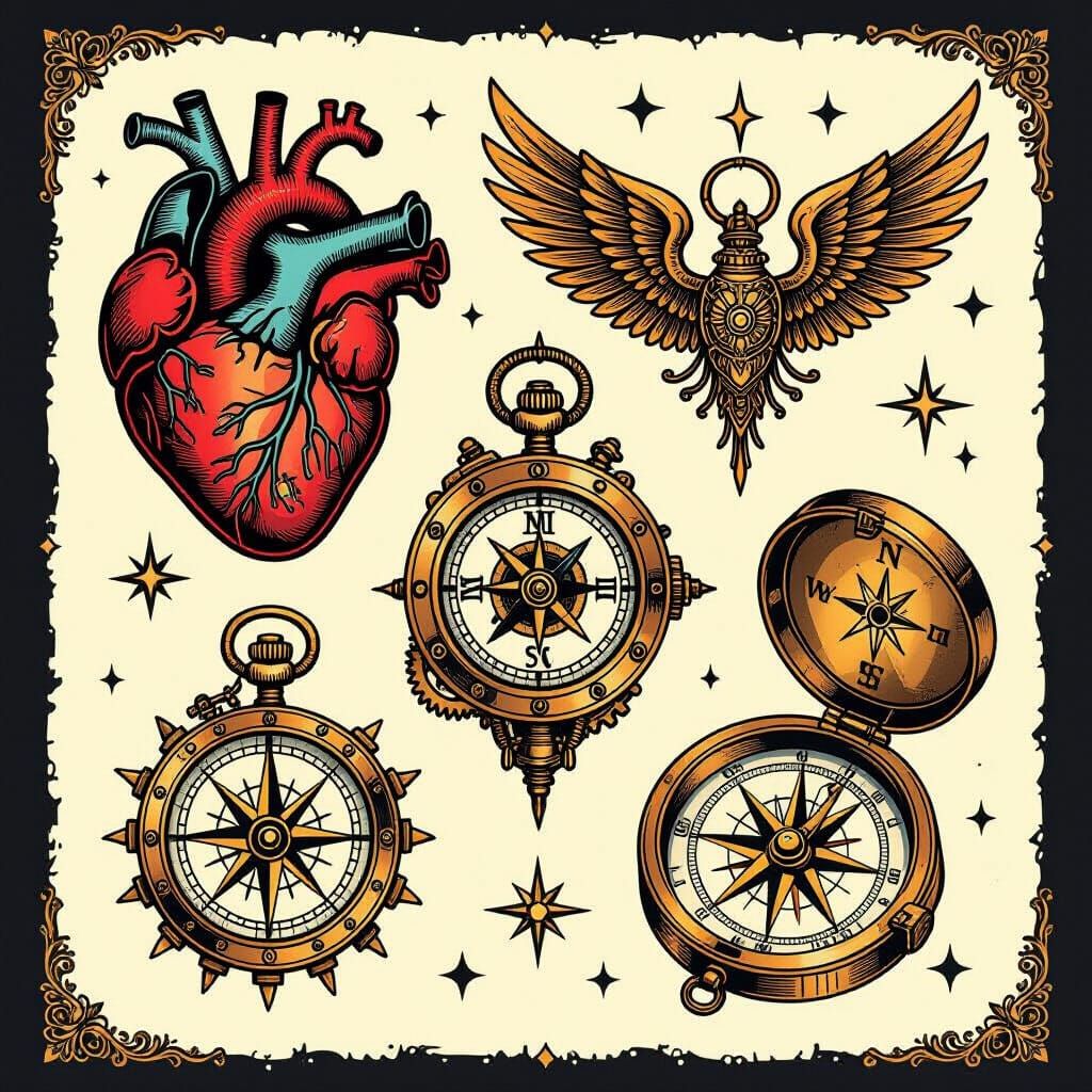 Steampunk Flash Tattoo Sheet with Mechanical Designs