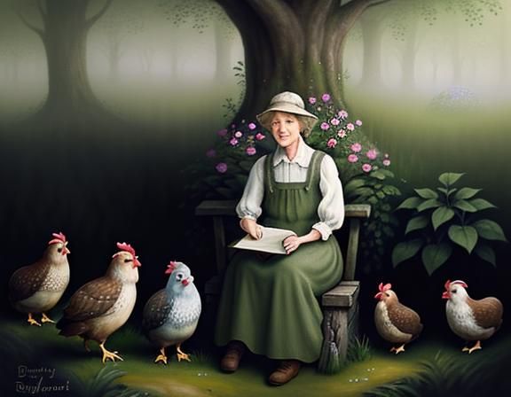 Hobbit and Hens in Lush Garden, Watercolor Illustration