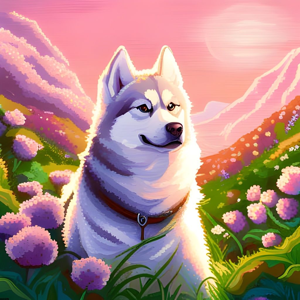 Happy Husky in Flower Field: 16-bit Pixel Art