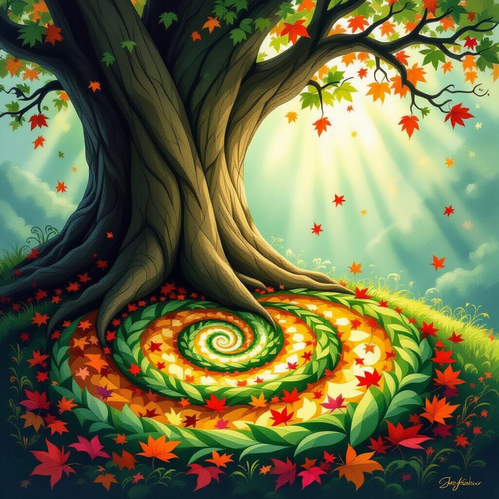 Enchanting Autumn Leaves Spiral in Fantasy Art Style