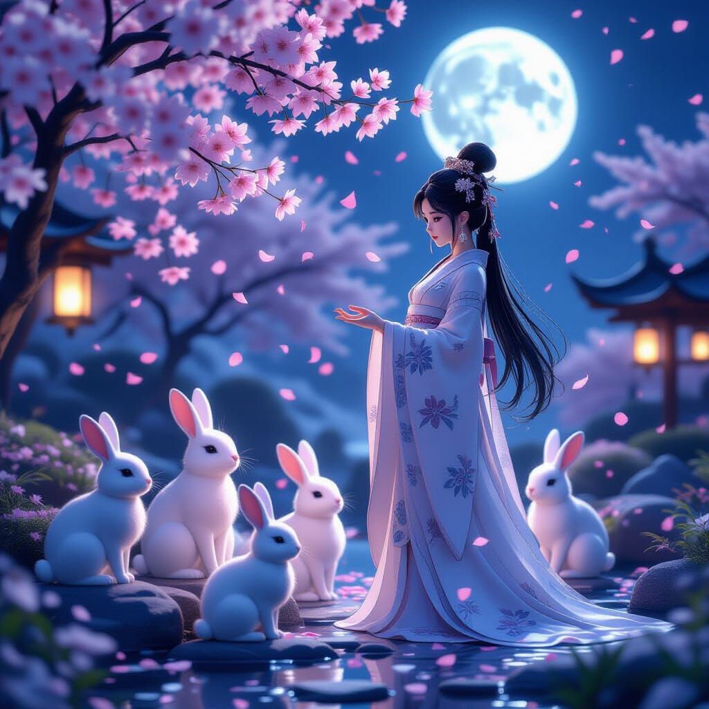 Regal Chang'e With Jade Rabbits in Moonlit Garden