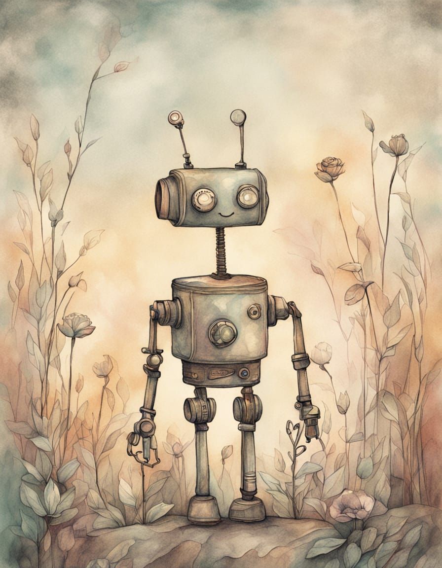 Whimsical Robot Line Drawing with Delicate Heart and Kitten