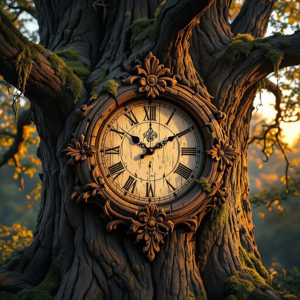 Clock Face Embedded in Ancient Tree Trunk