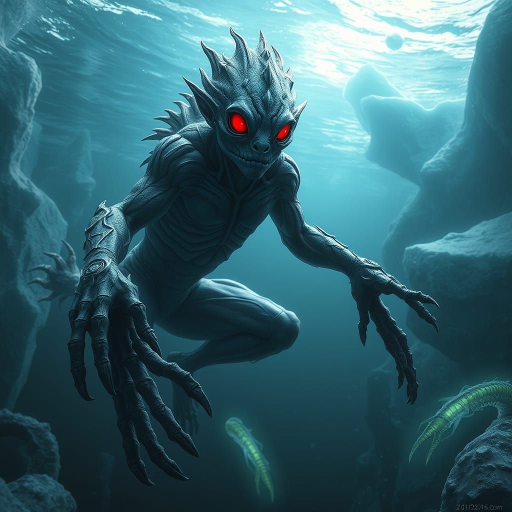 Aquatic Humanoid Swims in Arctic Sea, Fantasy Concept Art