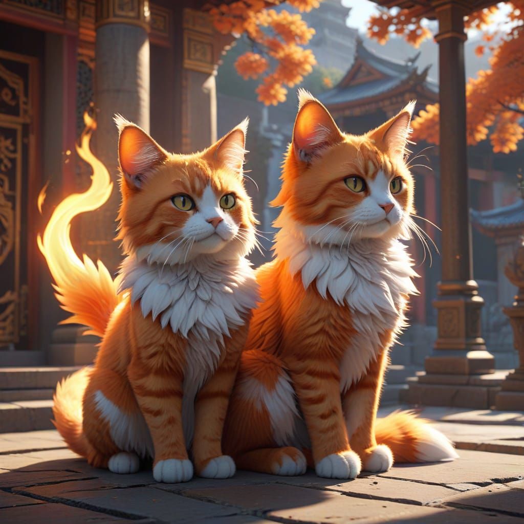 Flaming Two-Tailed Cat at Temple in Anime Style