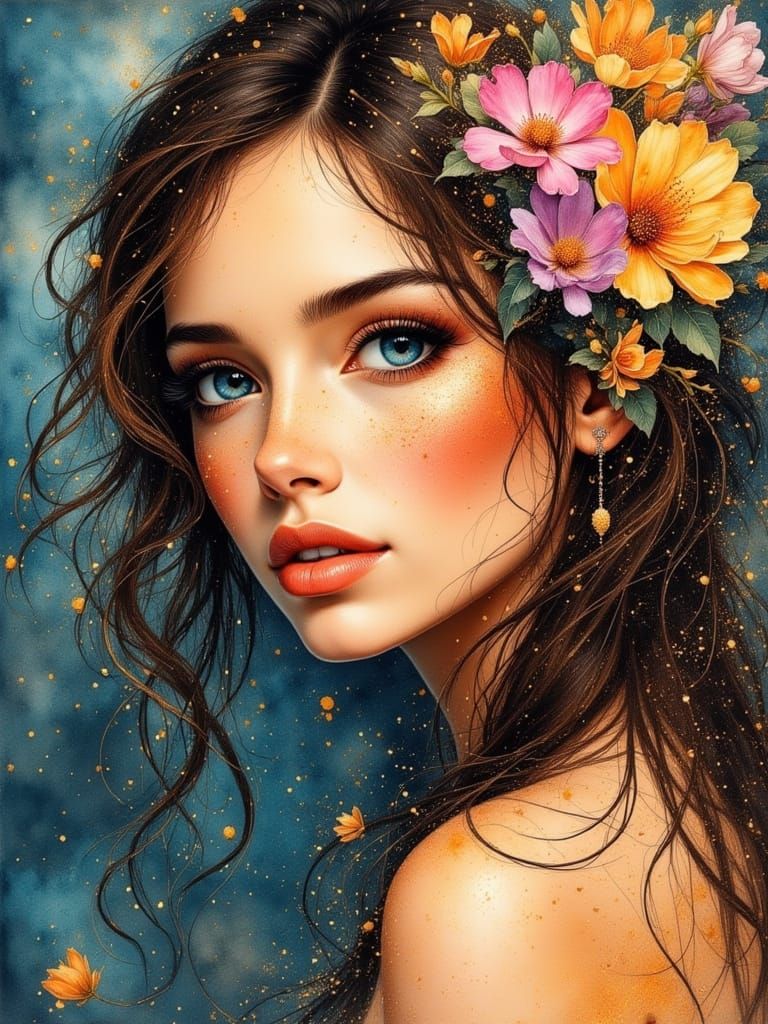 Cosmic Spring Maiden in Watercolor Style