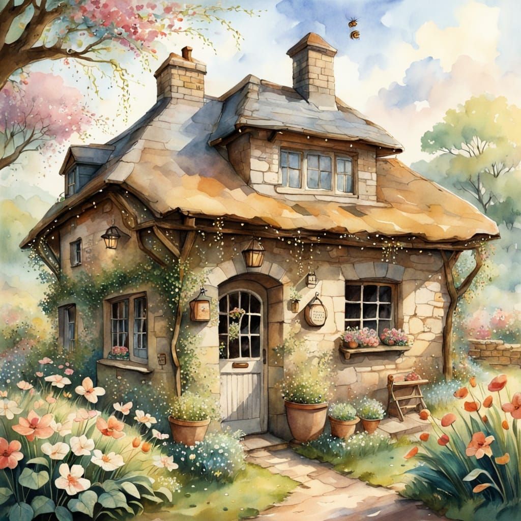 A quaint little bakery nestled in a vibrant flower garden, with bees buzzing lazily around the blossoms and butterflies ...