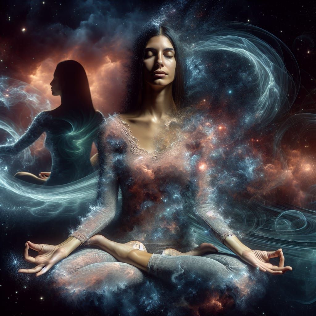 Meditating Woman Surrounded by Cosmic Energies