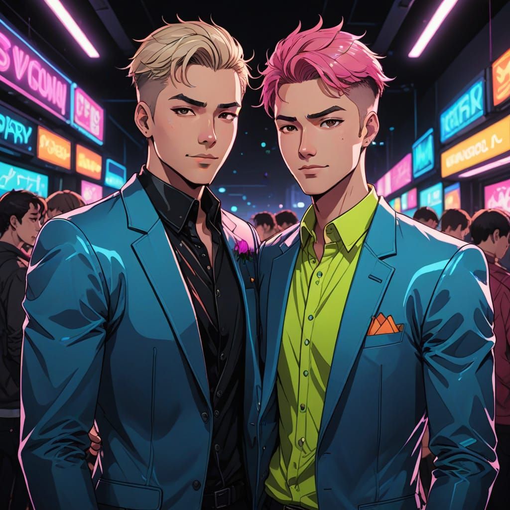 Cyberpunk Gay Anime Couple in Neon Nightclub
