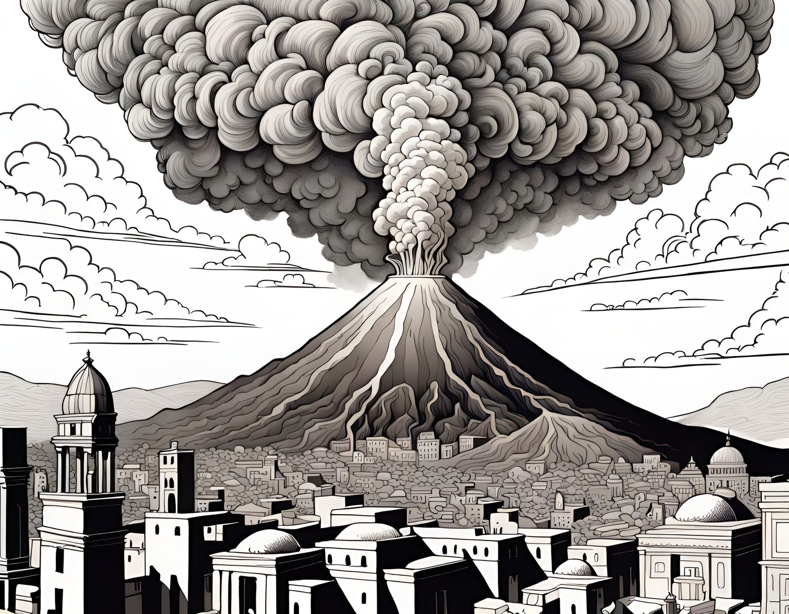 Volcano Eruption over Roman City in Hirschfeld Style