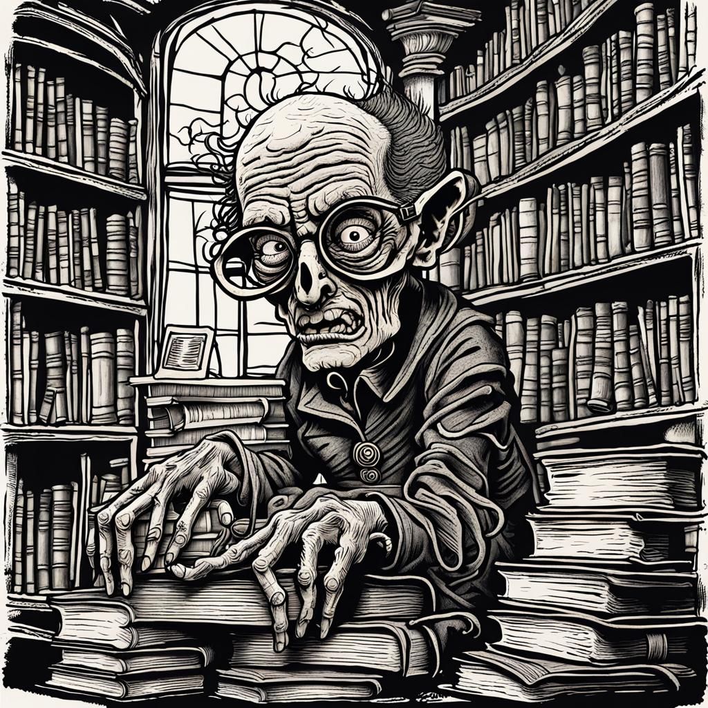 Disturbing Zombie Librarian in Art Brut Style