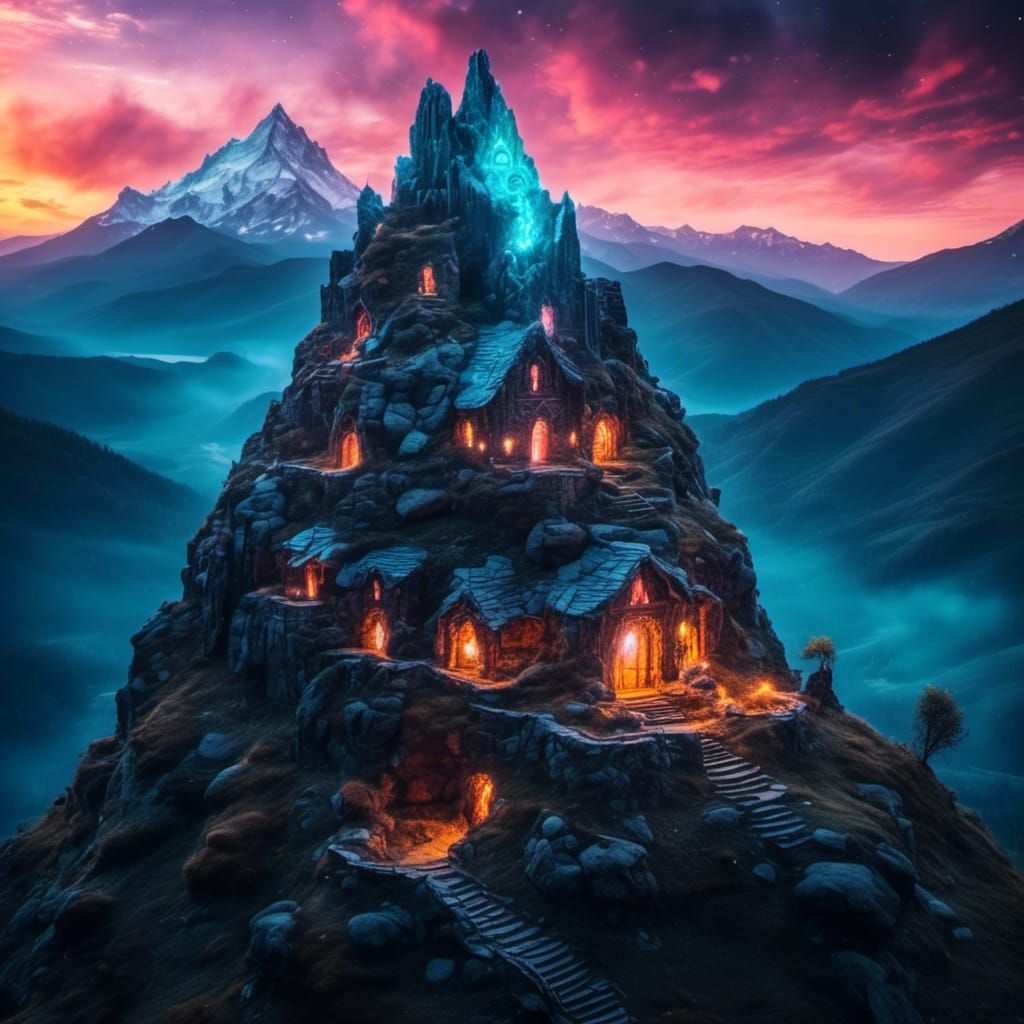 Majestic Mountainside Fortress with Glowing Runes