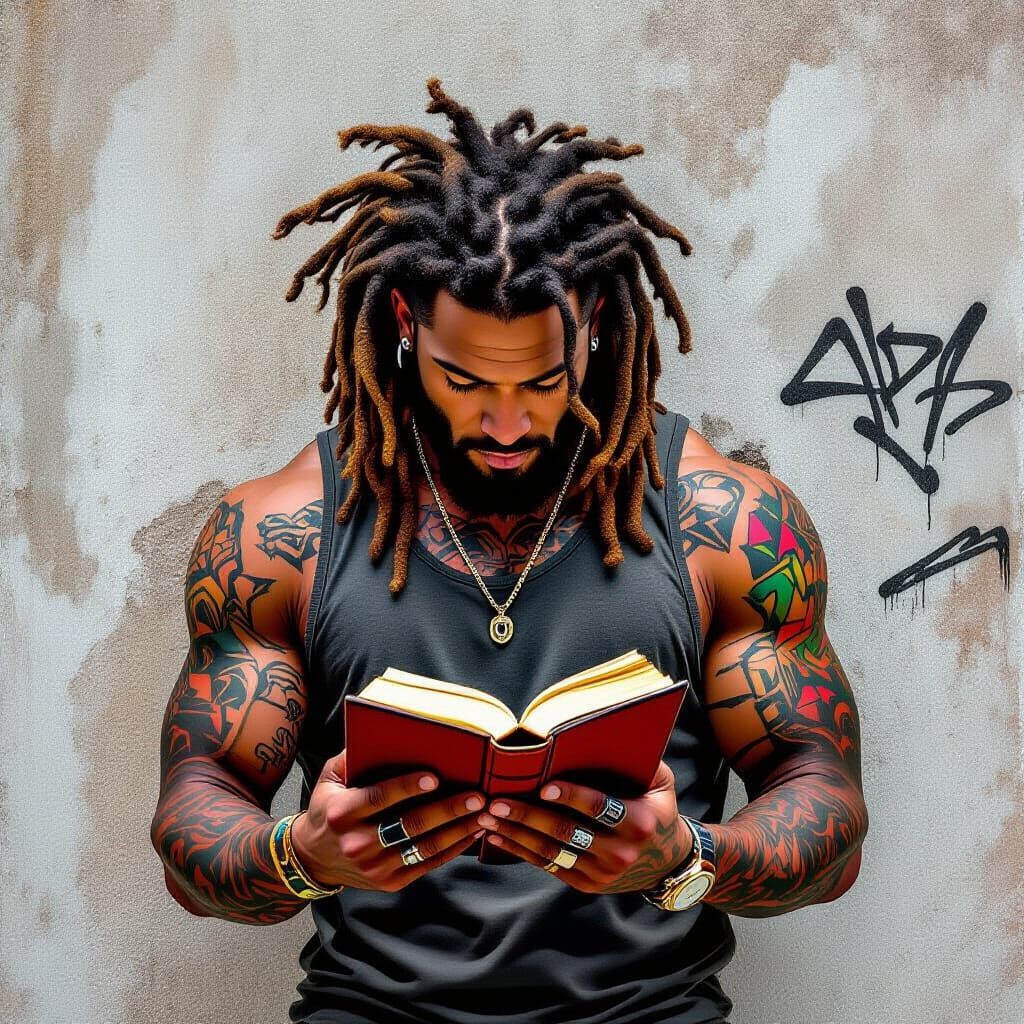 Man with Dreadlocks and Bible in Abstract Graffiti Scene