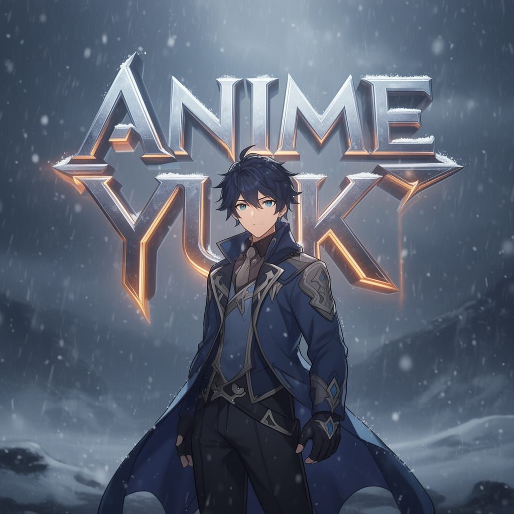 Anime Character in Stormy Cinematic Scene with 3D Logo