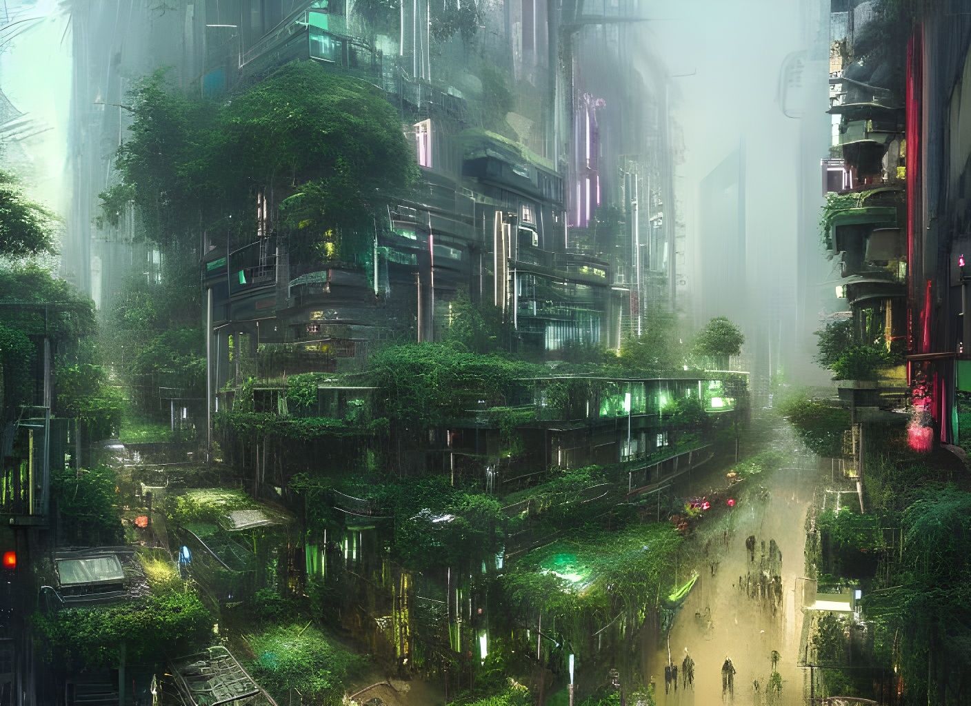 Lush Cyberpunk Metropolis in Digital Art Style