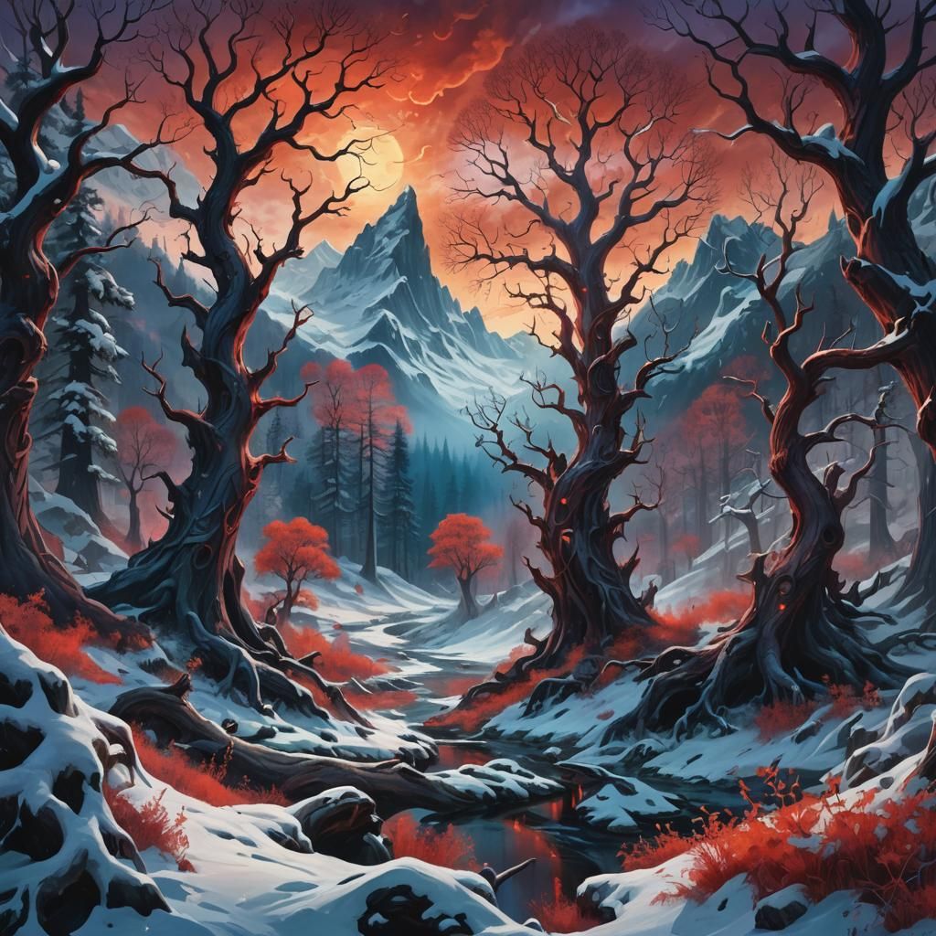 Mystical Forest Landscape with Scarlet Sky