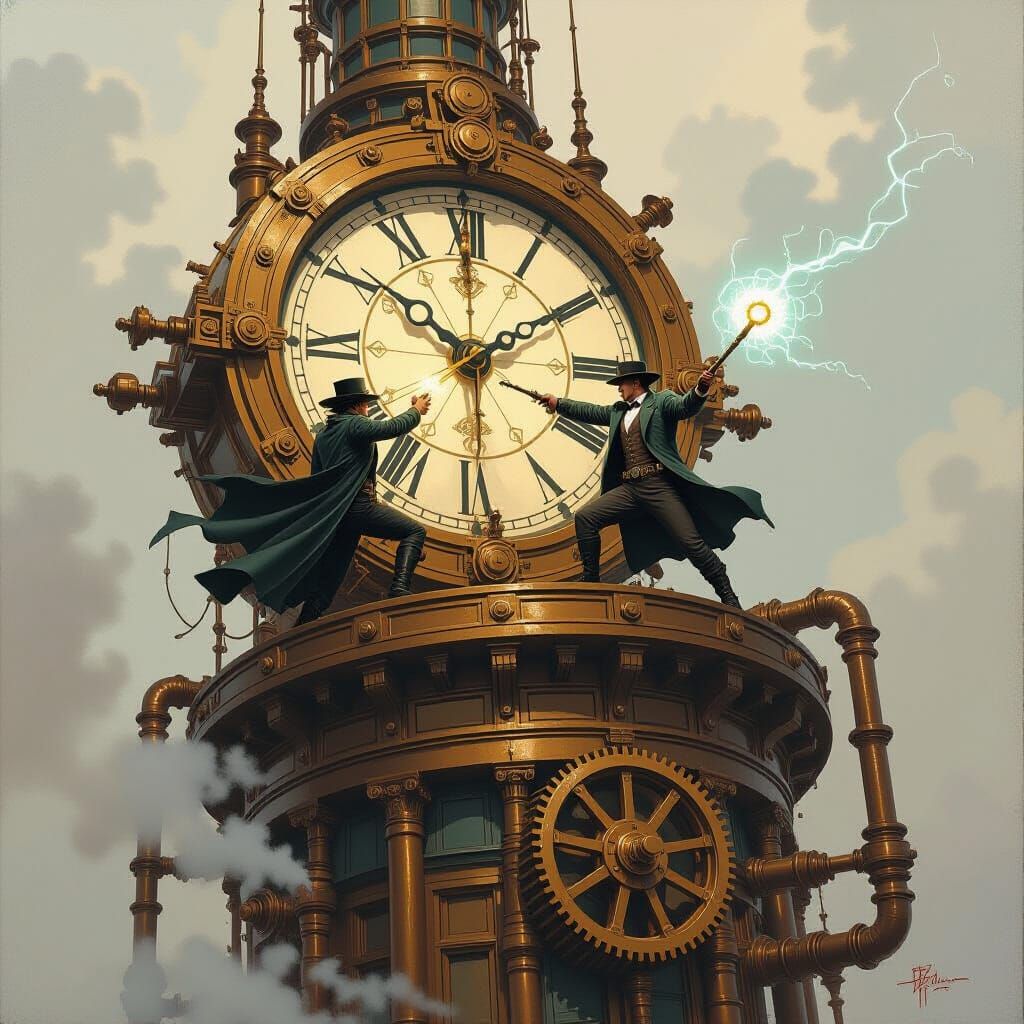 Steampunk Neo Battles Agent Smith on Clockwork Tower